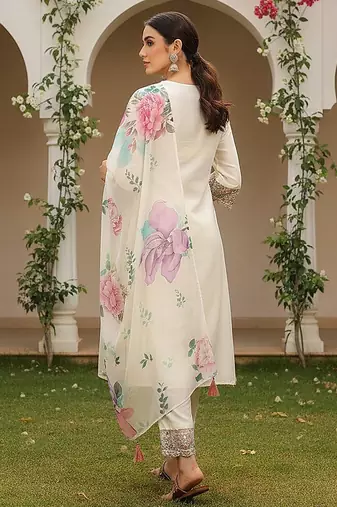 Off white solid silk blend embroidered fancy straight kurta trousers with dupatta