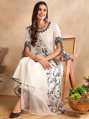 Women White solid silk blend embroidered fancy flared kurta trousers with dupatta 1