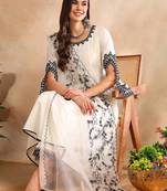 Women White solid silk blend embroidered fancy flared kurta trousers with dupatta