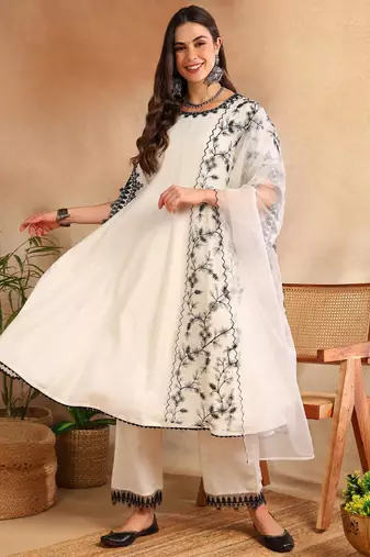 Women White solid silk blend embroidered fancy flared kurta trousers with dupatta