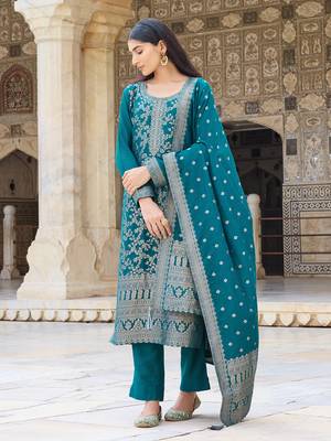 Women Teal solid poly chanderi woven design fancy straight kurta trousers with dupatta 1
