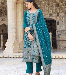 Women Teal solid poly chanderi woven design fancy straight kurta trousers with dupatta