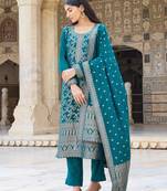Women Teal solid poly chanderi woven design fancy straight kurta trousers with dupatta