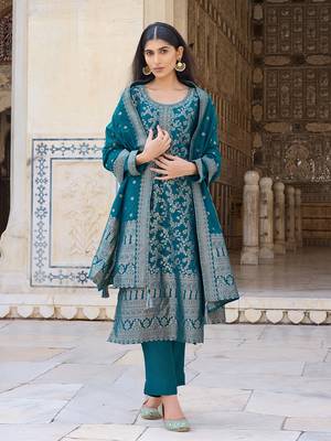 Women Teal solid poly chanderi woven design fancy straight kurta trousers with dupatta 2