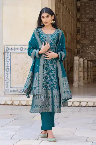 Women Teal solid poly chanderi woven design fancy straight kurta trousers with dupatta