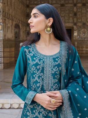 Women Teal solid poly chanderi woven design fancy straight kurta trousers with dupatta 3
