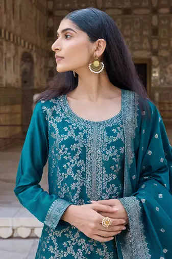 Women Teal solid poly chanderi woven design fancy straight kurta trousers with dupatta