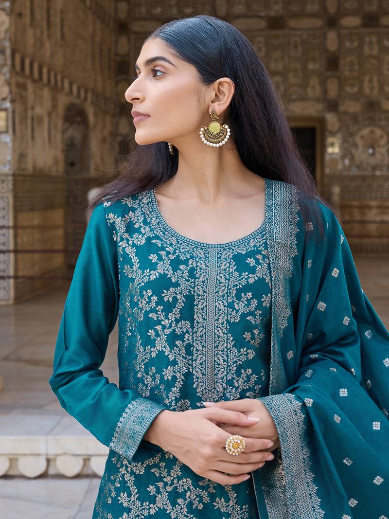 Women Teal solid poly chanderi woven design fancy straight kurta trousers with dupatta