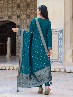 Women Teal solid poly chanderi woven design fancy straight kurta trousers with dupatta 4