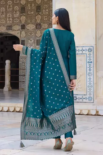 Women Teal solid poly chanderi woven design fancy straight kurta trousers with dupatta