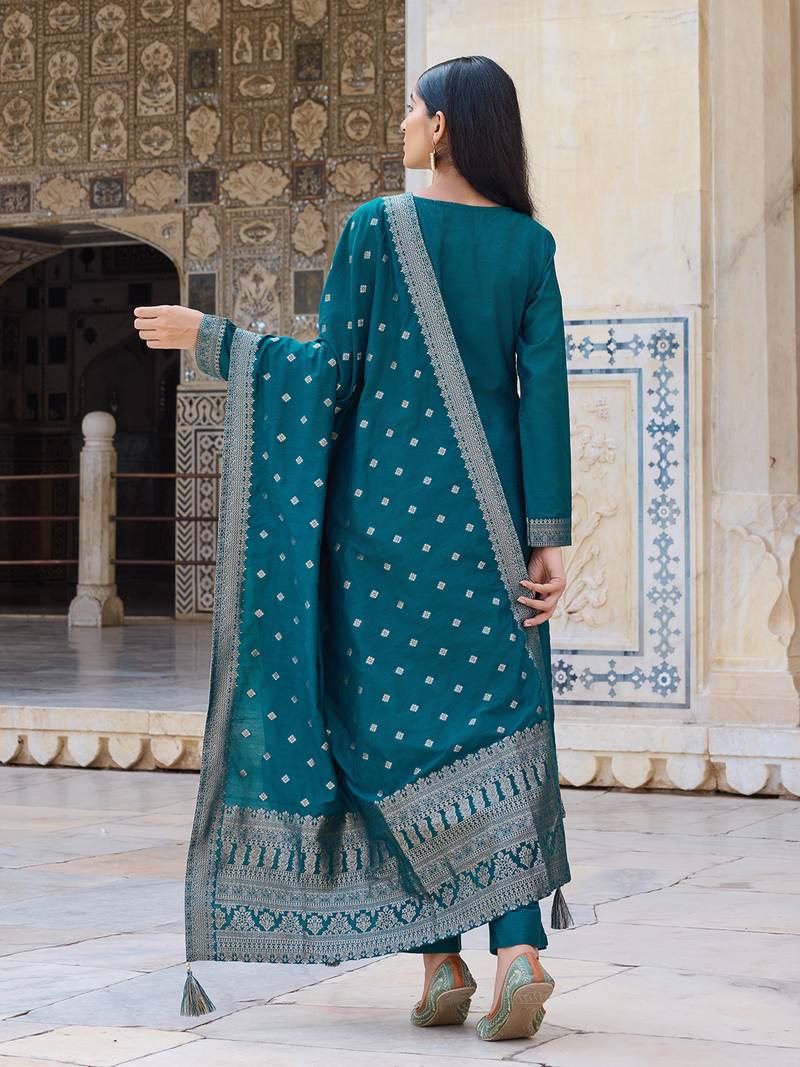 Women Teal solid poly chanderi woven design fancy straight kurta trousers with dupatta