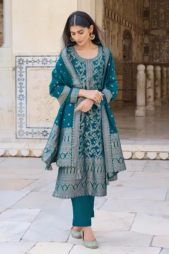 Women Teal solid poly chanderi woven design fancy straight kurta trousers with dupatta