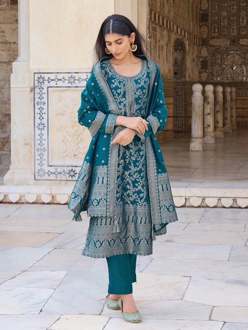 Women Teal solid poly chanderi woven design fancy straight kurta trousers with dupatta