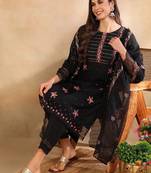 Women Black solid silk blend embroidered fancy straight kurta trousers with dupatta