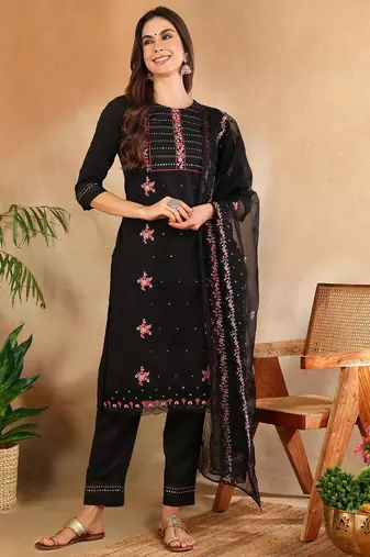 Women Black solid silk blend embroidered fancy straight kurta trousers with dupatta