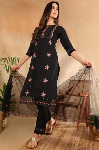 Women Black solid silk blend embroidered fancy straight kurta trousers with dupatta