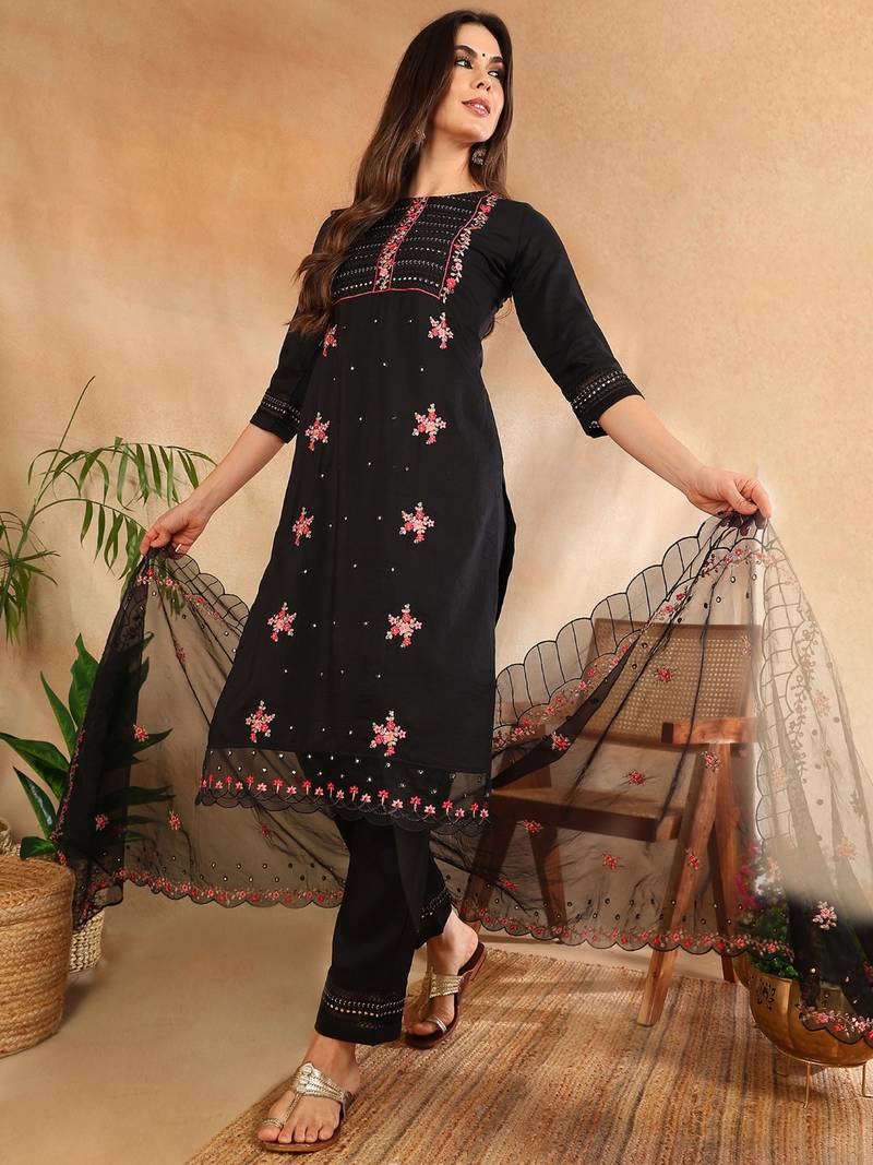 Women Black solid silk blend embroidered fancy straight kurta trousers with dupatta