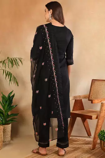 Women Black solid silk blend embroidered fancy straight kurta trousers with dupatta