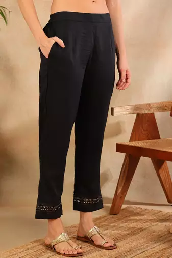 Women Black solid silk blend embroidered fancy straight kurta trousers with dupatta