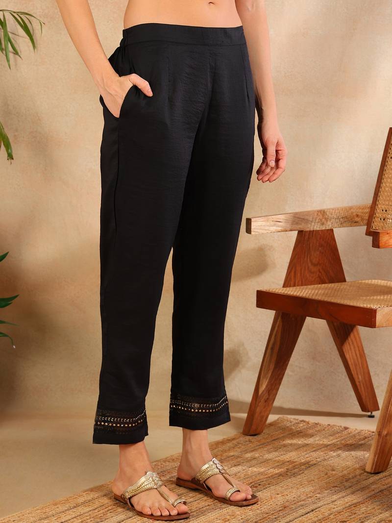 Women Black solid silk blend embroidered fancy straight kurta trousers with dupatta