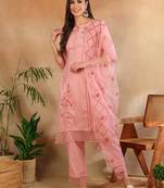 Women Pink solid silk blend embroidered fancy straight kurta trousers with dupatta