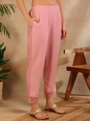 Women Pink solid silk blend embroidered fancy straight kurta trousers with dupatta 5