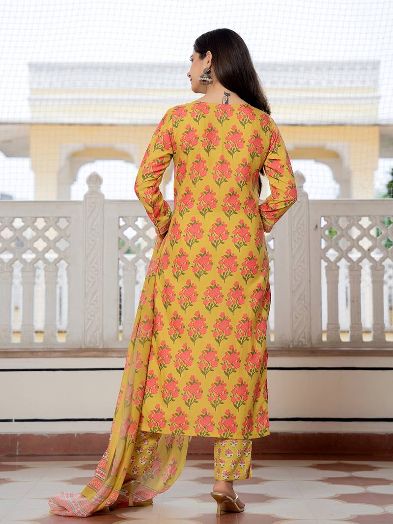 Green solid rayon blend printed fancy straight kurta trousers with dupatta