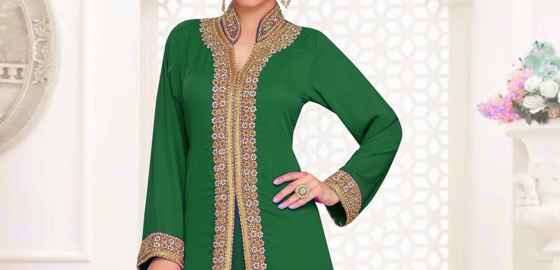 Dark Green color luxurious Full Sleeves Handmade Moroccan Kaftan.