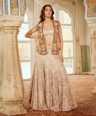 Beige Printed Crepe Lehenga Set 1