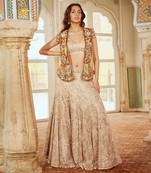 Beige Printed Crepe Lehenga Set