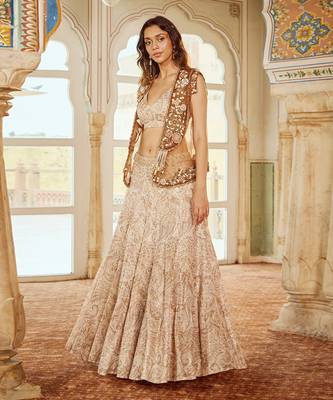 Beige Printed Crepe Lehenga Set 2