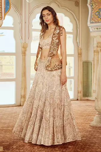 Beige Printed Crepe Lehenga Set