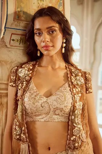 Beige Printed Crepe Lehenga Set