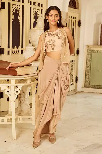 Beige Embroidery  Viscose Organza Lehenga Set