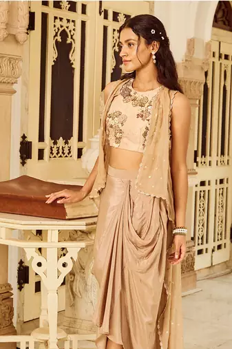 Beige Embroidery  Viscose Organza Lehenga Set