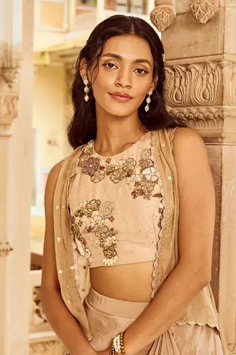 Beige Embroidery  Viscose Organza Lehenga Set
