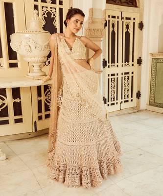 Beige Embroidery Viscose Organza Lehenga Set 2