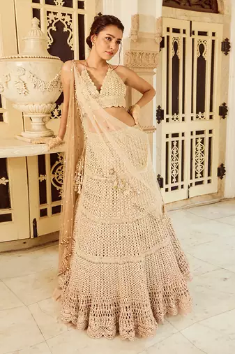 Beige Embroidery Viscose Organza Lehenga Set
