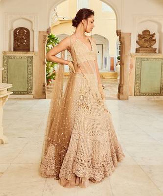 Beige Embroidery Viscose Organza Lehenga Set 3