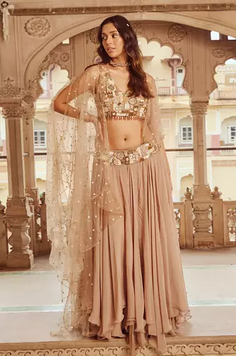 Beige Viscose Embroidered Lehenga Choli Set