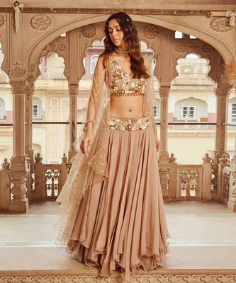 Beige Viscose Embroidered Lehenga Choli Set 3