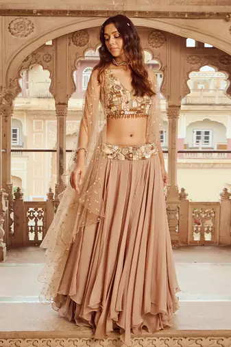 Beige Viscose Embroidered Lehenga Choli Set