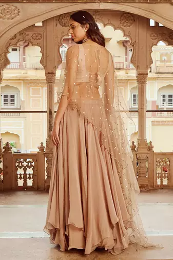 Beige Viscose Embroidered Lehenga Choli Set