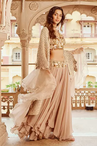 Beige Embroidery  Viscose Organza Lehenga Set