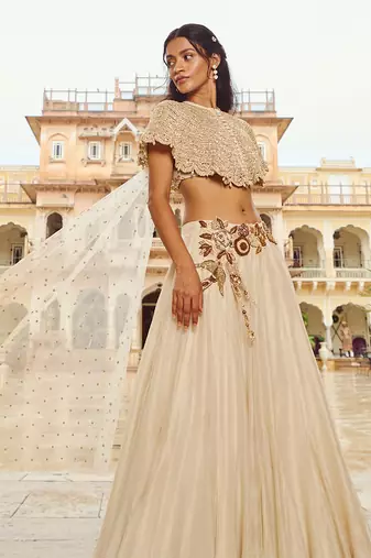 Beige Embroidery  Viscose Organza Lehenga Set