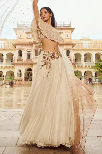 Beige Embroidery  Viscose Organza Lehenga Set