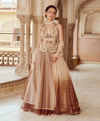 Beige Embroidery  Viscose Organza Lehenga Set 1