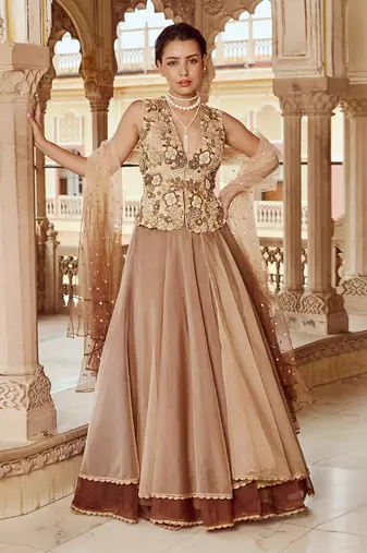 Beige Embroidery  Viscose Organza Lehenga Set