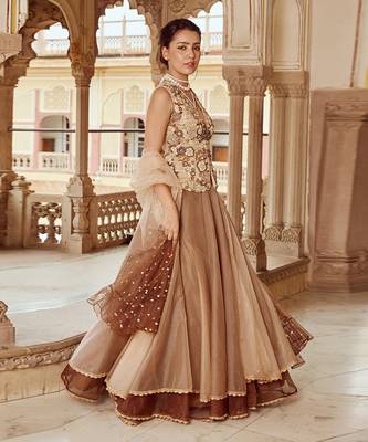 Beige Embroidery  Viscose Organza Lehenga Set 3