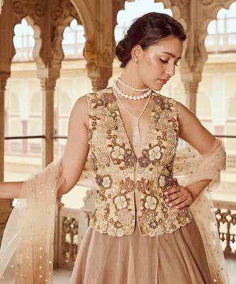 Beige Embroidery  Viscose Organza Lehenga Set 4